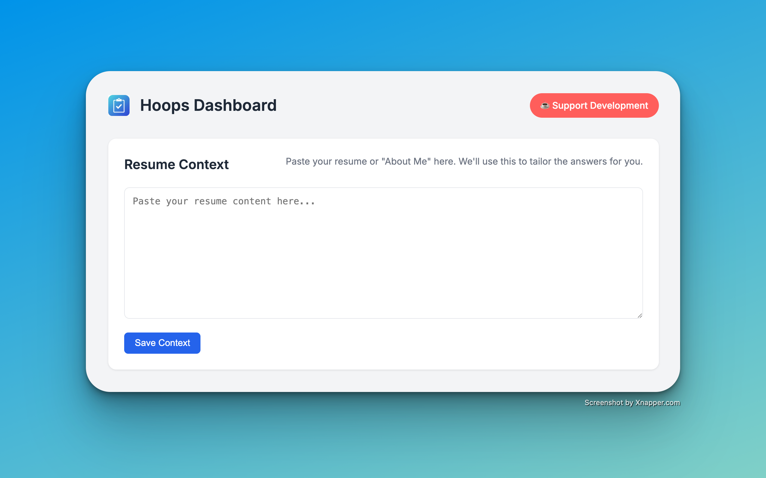 Hoops Dashboard with Resume Context field