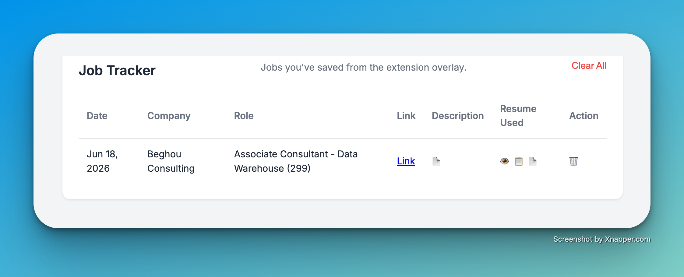Hoops Job Tracker table with saved applications